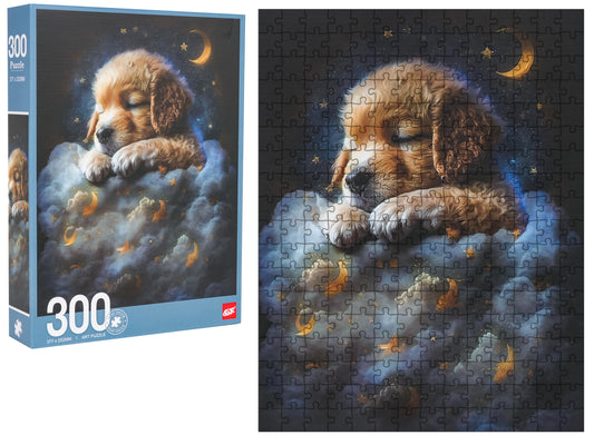 300 detaļu puzle ar guļošu kucēnu mākoņos nakts debesu fonā un saliktu attēlu blakus kastītei