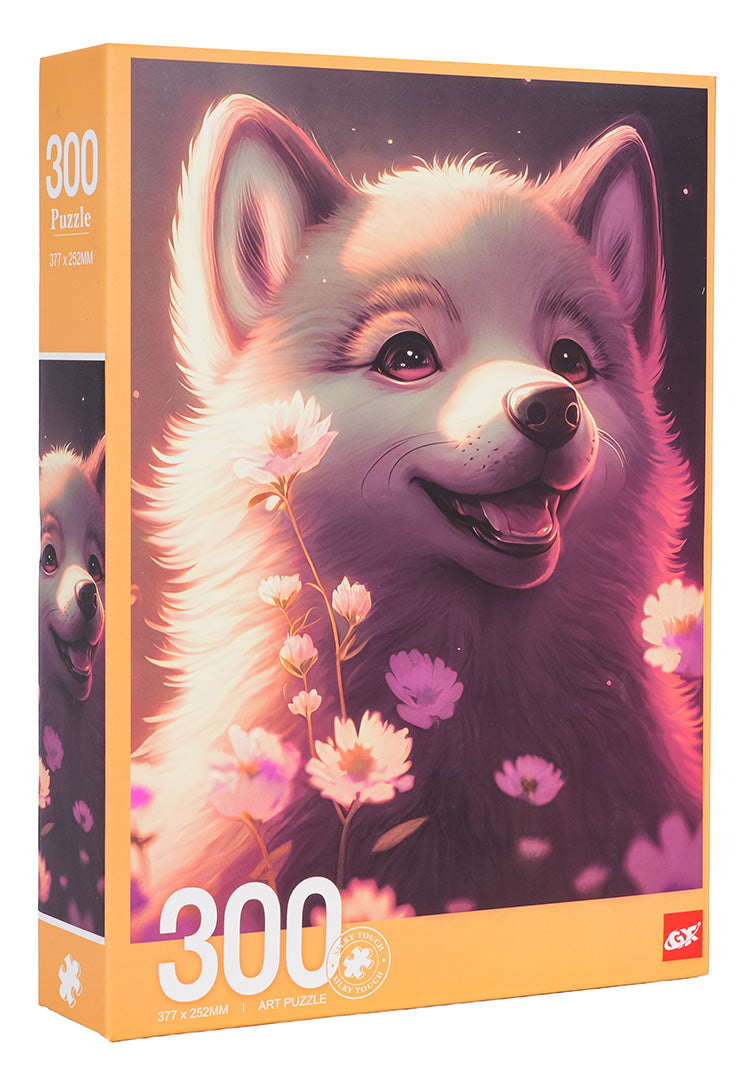 300 detaļu puzles iepakojums ar baltu suni ziedu fonā leņķī