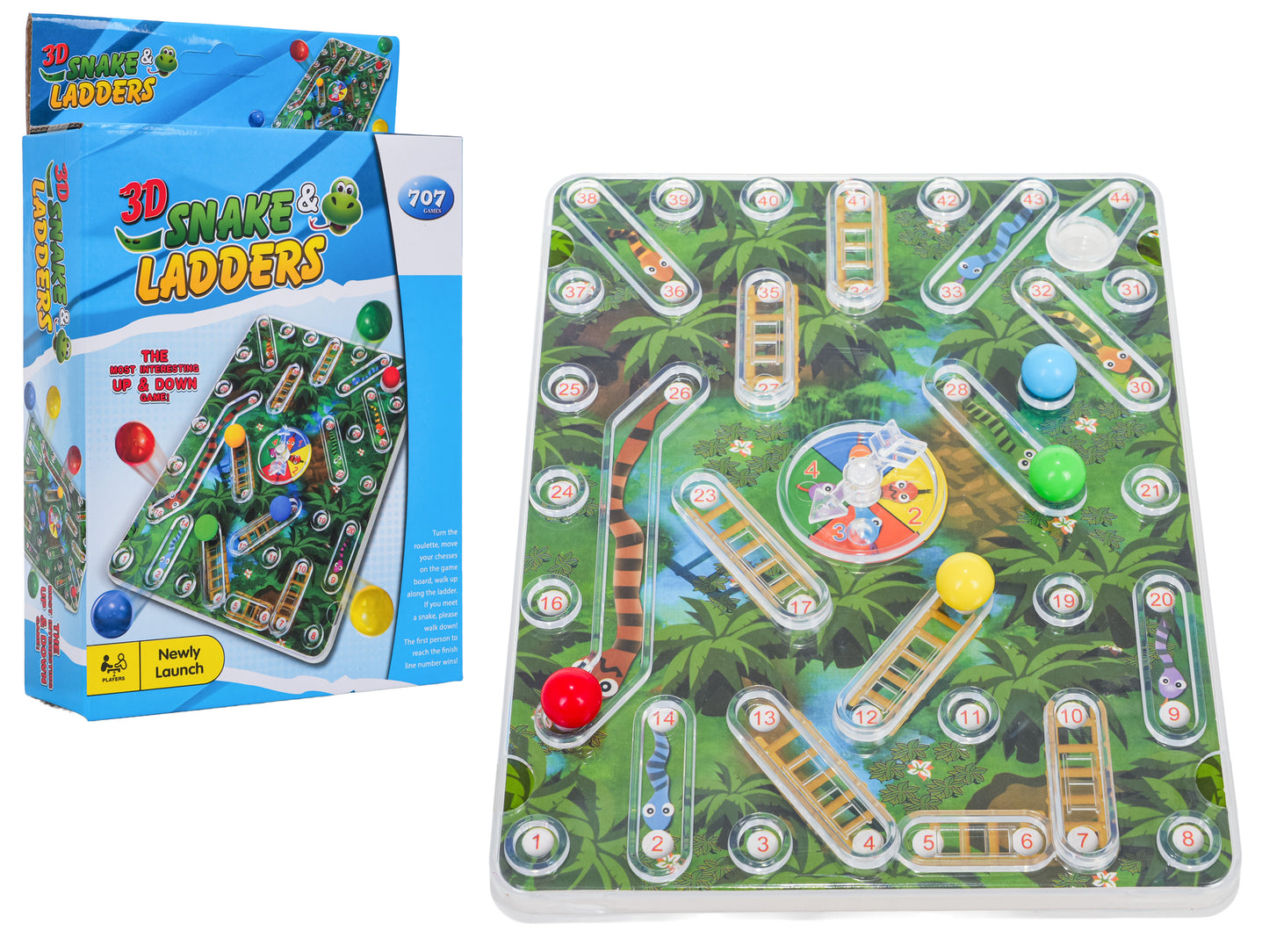 3D mini galda spēle “Čūskas un kāpnes” ar spineri un četrām krāsainām bumbiņām, kompakta ceļojumu versija