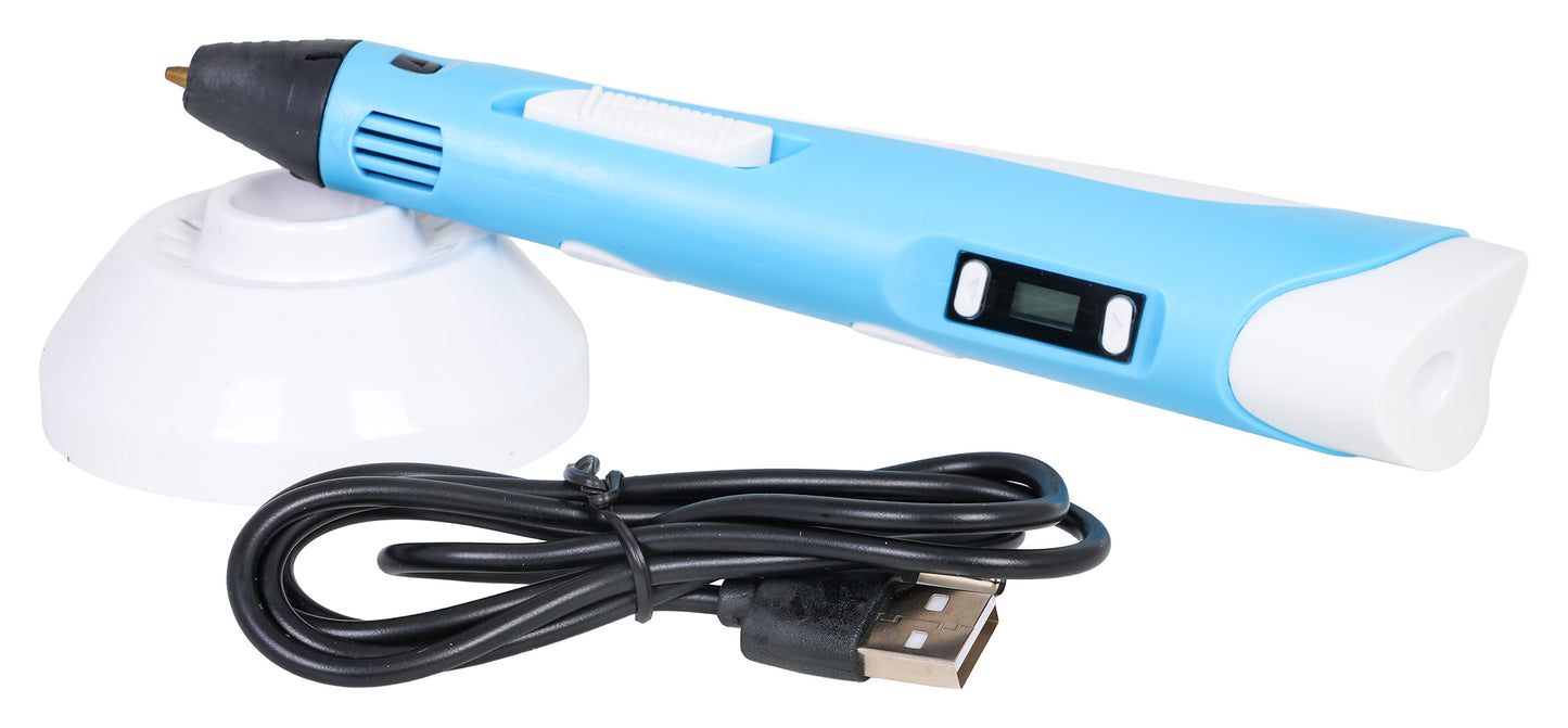 Zila 3D pildspalva ar LCD ekrānu, statīvu un melnu USB uzlādes kabeli