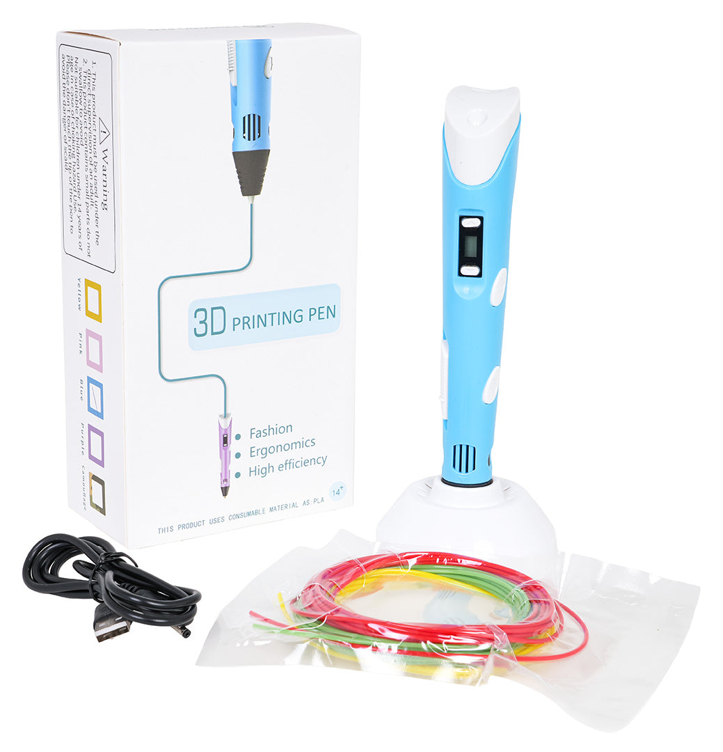 Zila 3D pildspalva ar PLA uzpildēm, USB kabeli un turētāju