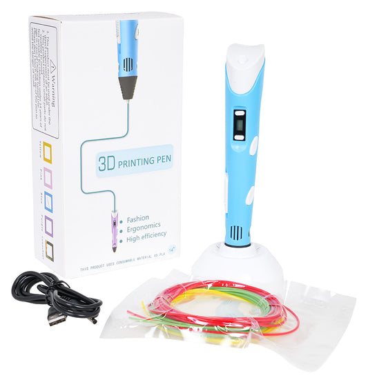 Zila 3D pildspalva ar PLA uzpildēm, USB kabeli un turētāju