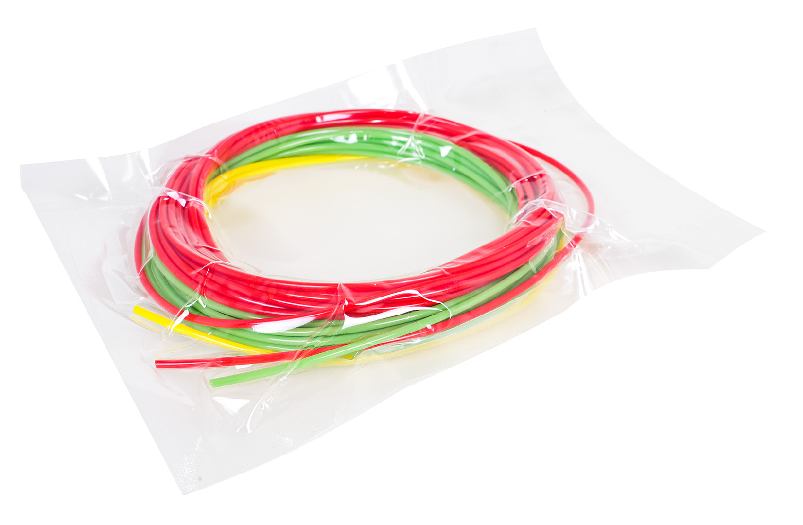 Komplekts ar sarkaniem, zaļiem un dzelteniem 3D pildspalvas PLA diegiem iepakojumā