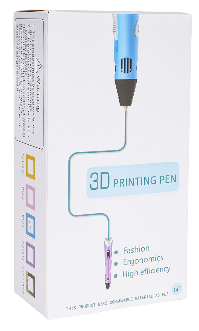 3D pildspalvas iepakojums ar uzrakstu ‘3D Printing Pen’, attēlotas zilā un violetā pildspalvas versijas