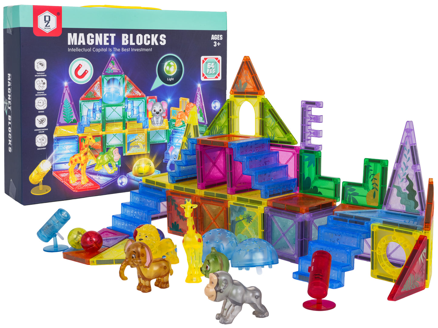 3D ZOO magnētiskie klucīši 64 gab. ar dzīvnieku figūriņām un gaismas elementiem