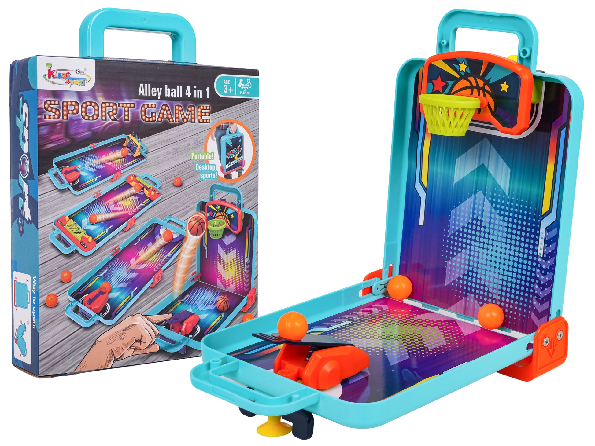 Kompakts 4-in-1 arkādes spēļu komplekts koferī ar basketbolu, boulingu, gaisa hokeju un fliperu