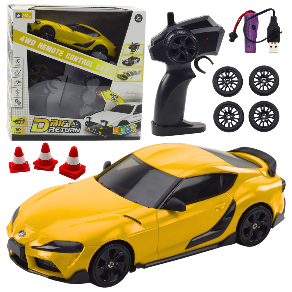 4WD Drifta mašīna ar tālvadības pulti 1:24, dzeltena, ar maināmiem riteņiem