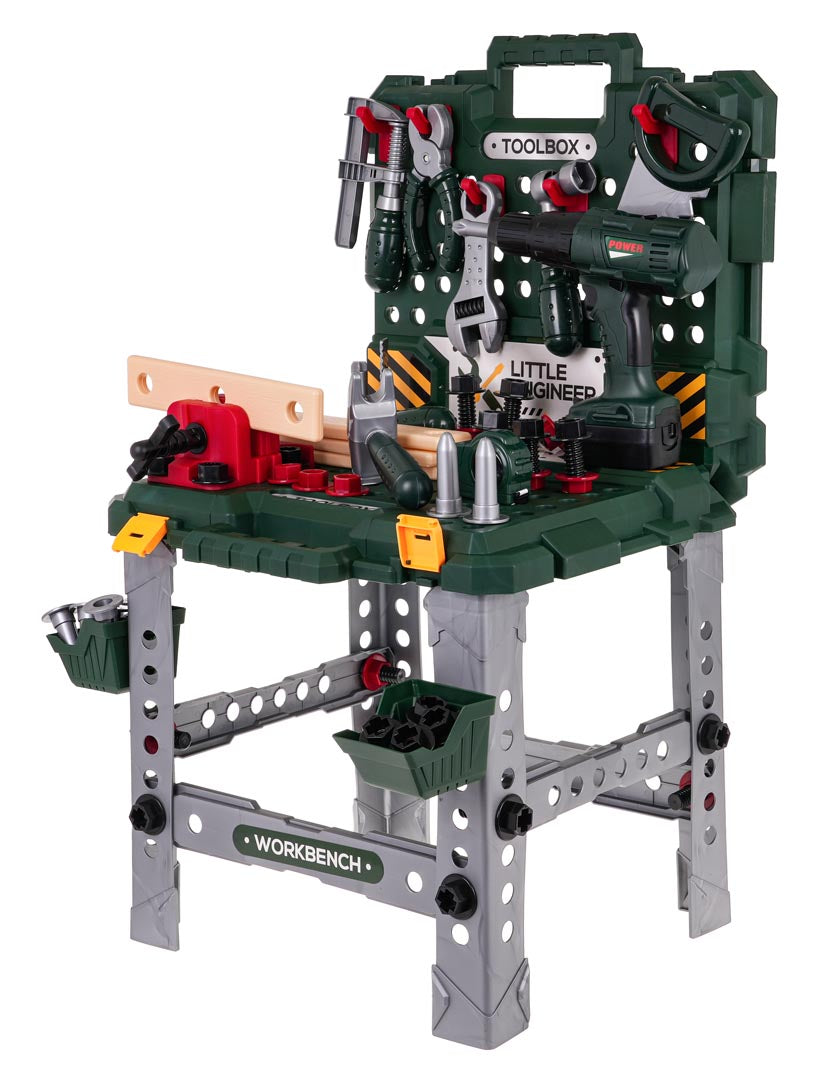 MEGA 2-in-1 instrumentu darbagalds/koferis (98 detaļas) ar urbjmašīnu, 3+