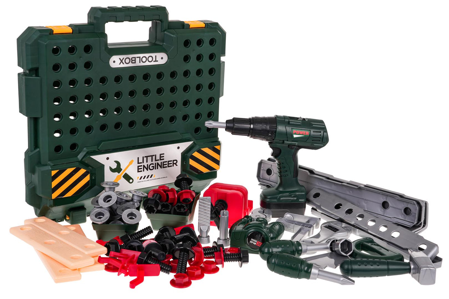 MEGA 2-in-1 instrumentu darbagalds/koferis (98 detaļas) ar urbjmašīnu, 3+