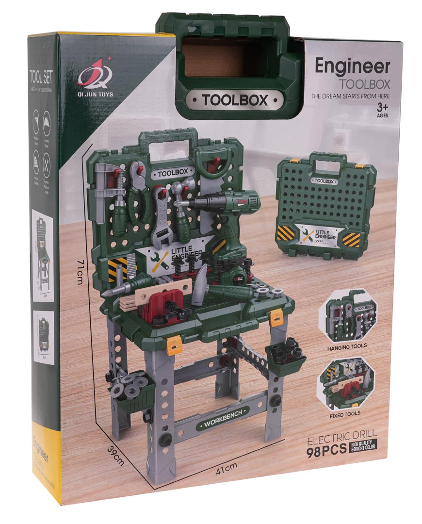 MEGA 2-in-1 instrumentu darbagalds/koferis (98 detaļas) ar urbjmašīnu, 3+