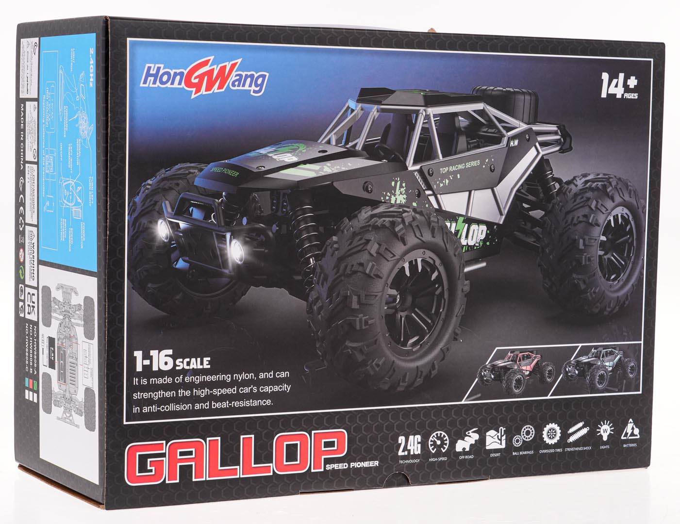 Radiovadāms apvidus auto GALLOP 1:16 (4WD, LED) melns/zaļš, 14+