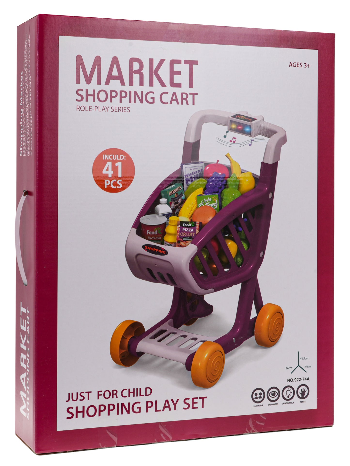 Iepirkumu ratiņi ar gaismām un mūziku (41 detaļa) – violeti/krēmīgi, 3+