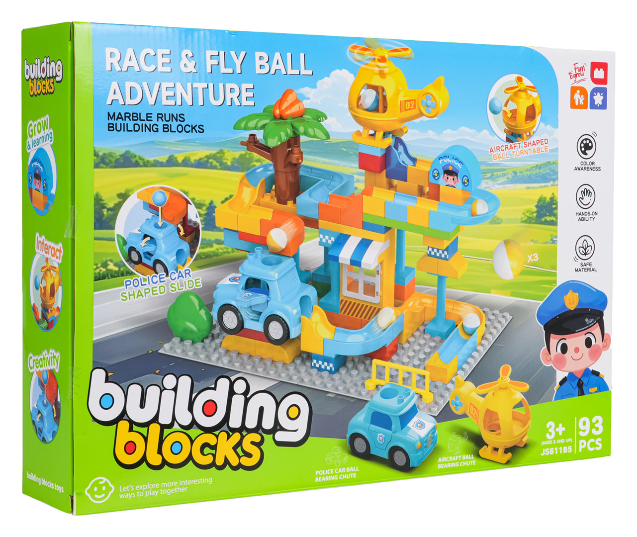 Policijas iecirkņa lielo klucīšu komplekts ar bumbiņu trasi (93 gab.) + auto un helikopters, 3+