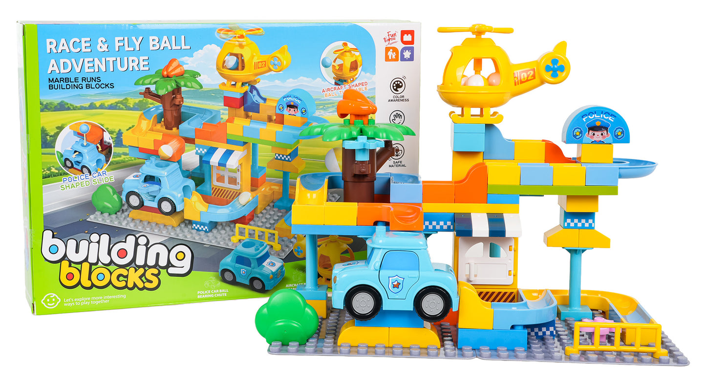 Policijas iecirkņa lielo klucīšu komplekts ar bumbiņu trasi (93 gab.) + auto un helikopters, 3+