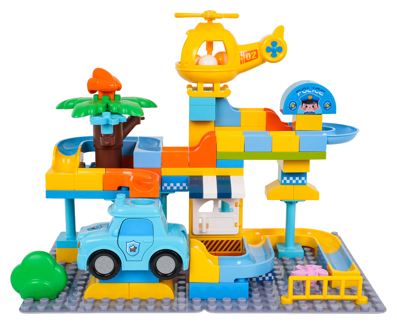 Policijas iecirkņa lielo klucīšu komplekts ar bumbiņu trasi (93 gab.) + auto un helikopters, 3+