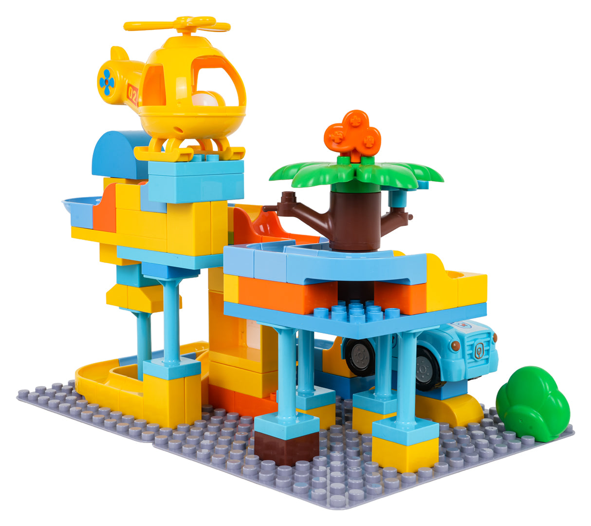 Policijas iecirkņa lielo klucīšu komplekts ar bumbiņu trasi (93 gab.) + auto un helikopters, 3+