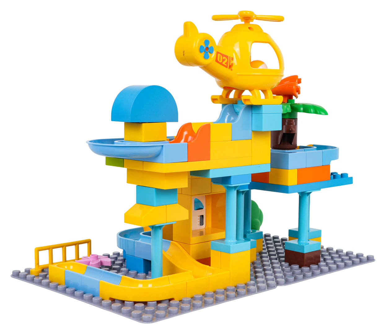 Policijas iecirkņa lielo klucīšu komplekts ar bumbiņu trasi (93 gab.) + auto un helikopters, 3+