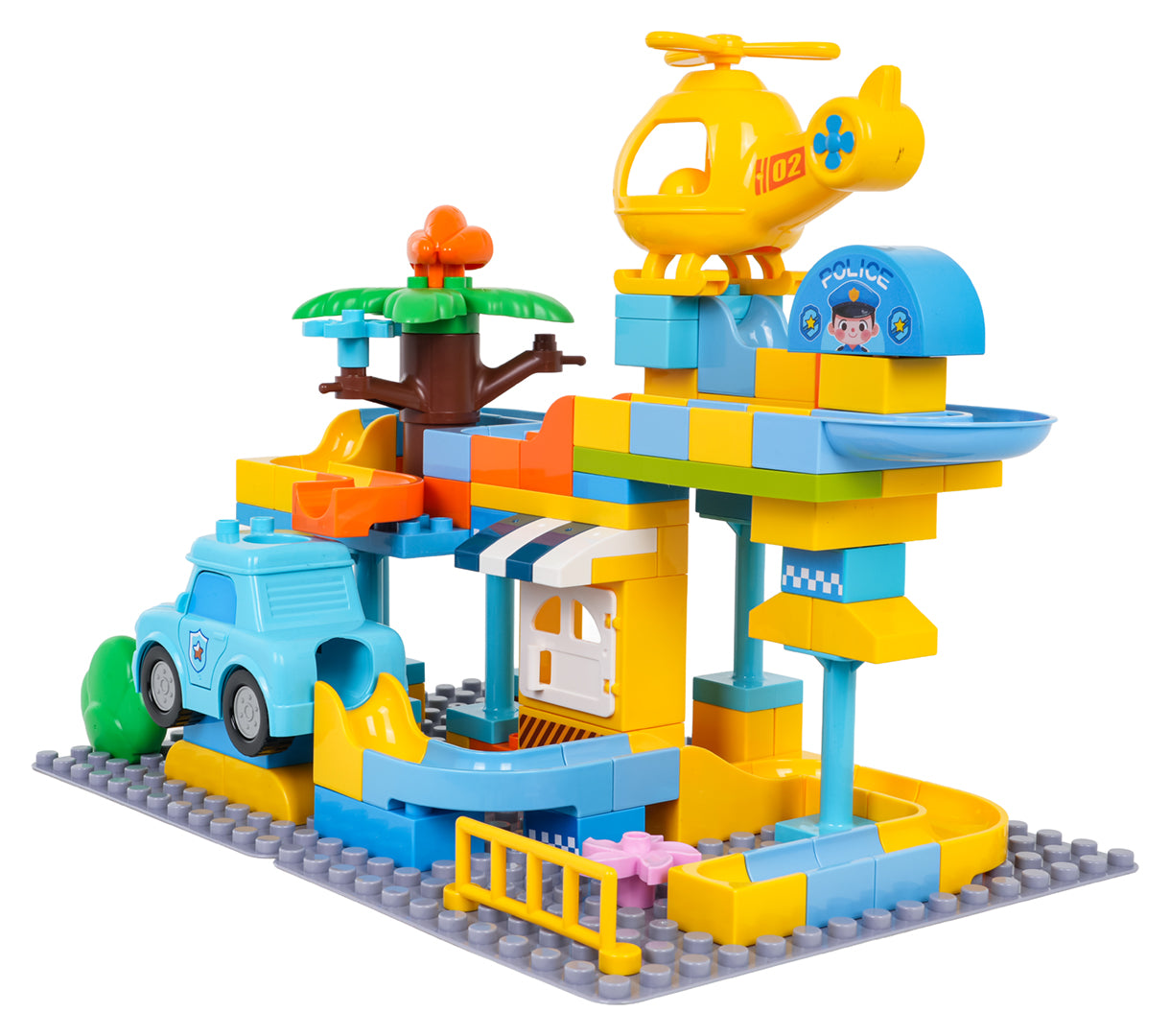 Policijas iecirkņa lielo klucīšu komplekts ar bumbiņu trasi (93 gab.) + auto un helikopters, 3+