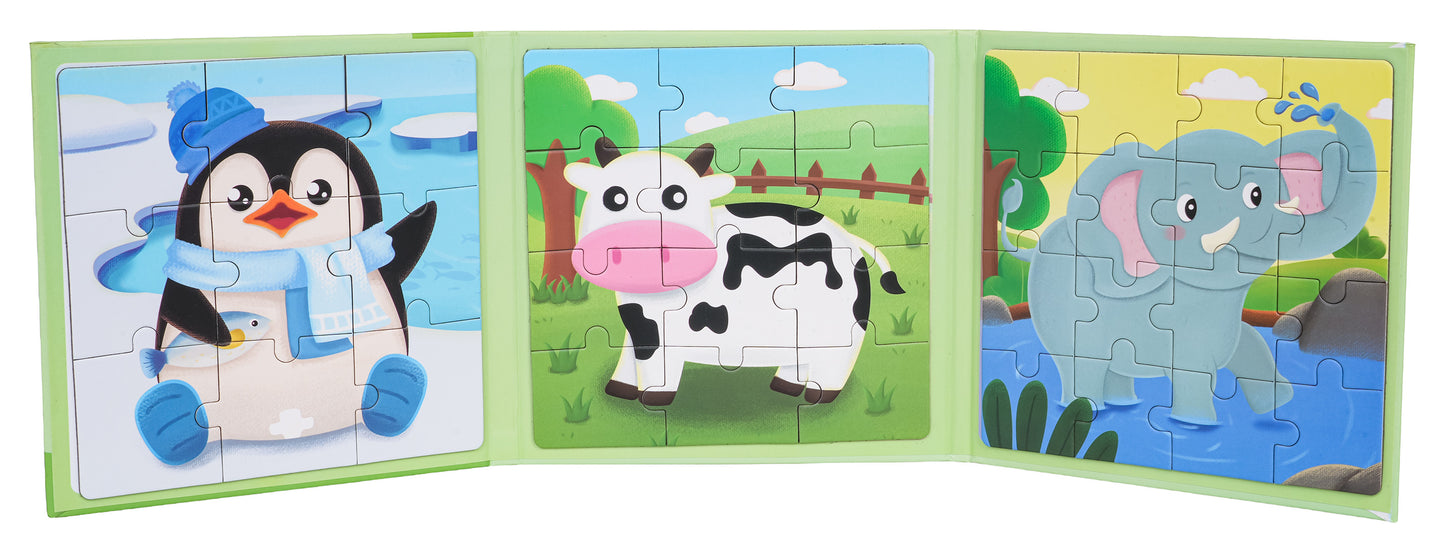 Magnētiskā puzle grāmatā “Dzīvnieki” – 3 attēli, 9/12/16 gab. (3+)