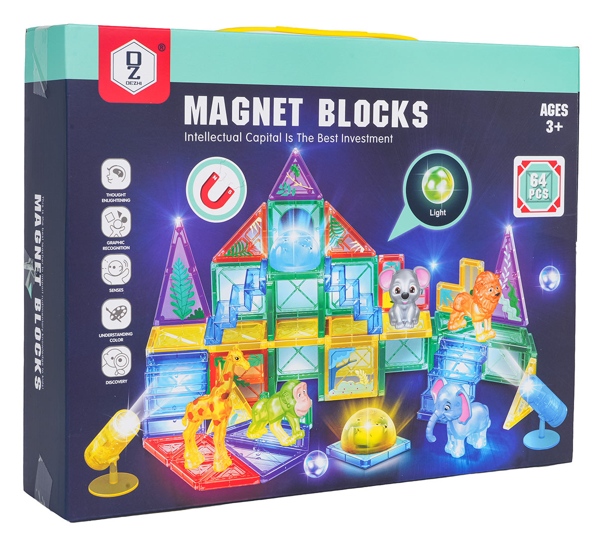 3D ZOO magnētisko klucīšu komplekts ar gaismiņām un dzīvniekiem (64 gab.) 3+