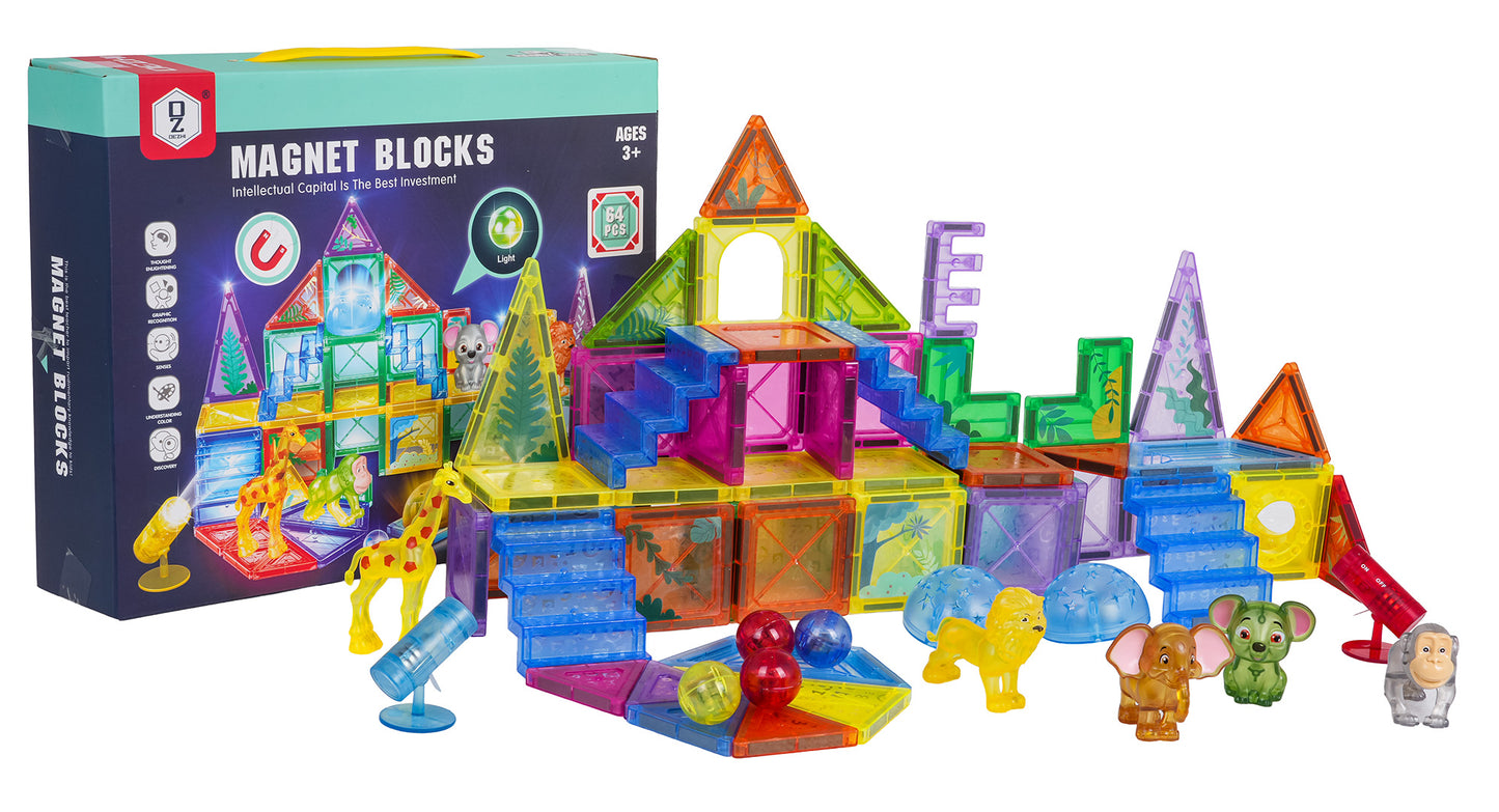 3D ZOO magnētisko klucīšu komplekts ar gaismiņām un dzīvniekiem (64 gab.) 3+