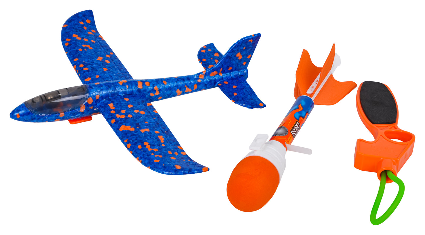 2-in-1 lidaparātu komplekts ar palaišanas katapultu – lidmašīna + raķete (6+) Sarkans/Zils