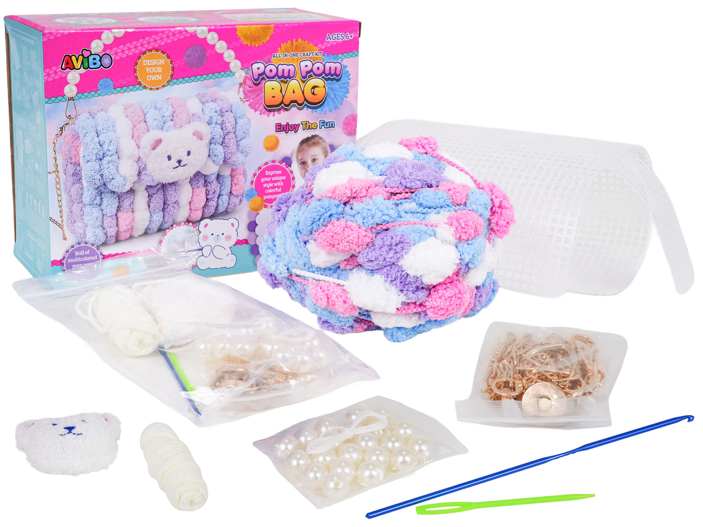 DIY pomponu somiņas komplekts (mīksta soma) ar ķēdīti un aksesuāriem, 6+