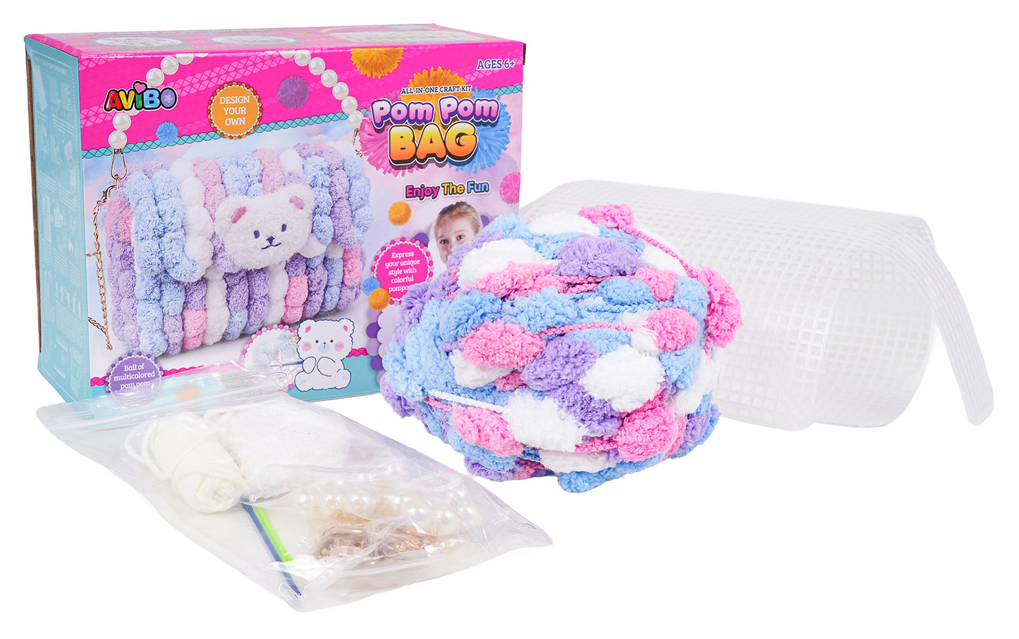 DIY pomponu somiņas komplekts (mīksta soma) ar ķēdīti un aksesuāriem, 6+