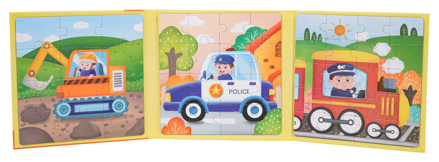 Magnētiskā transportlīdzekļu puzle grāmatā – 3 attēli, 48 detaļas (3+)