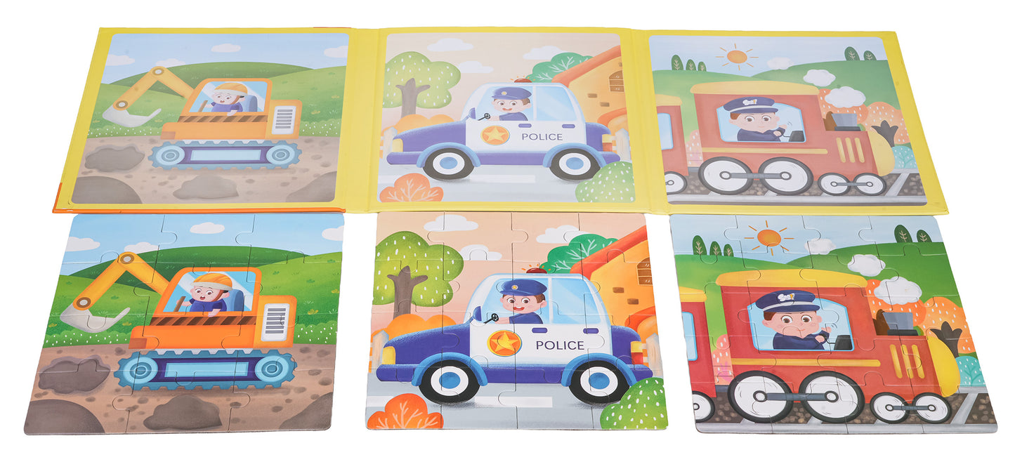 Magnētiskā transportlīdzekļu puzle grāmatā – 3 attēli, 48 detaļas (3+)