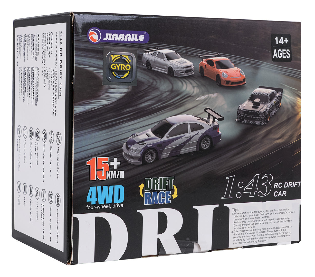 Radiovadāma drifta mašīna 1:43 (4WD, Gyro) sudraba + piederumi, 14+