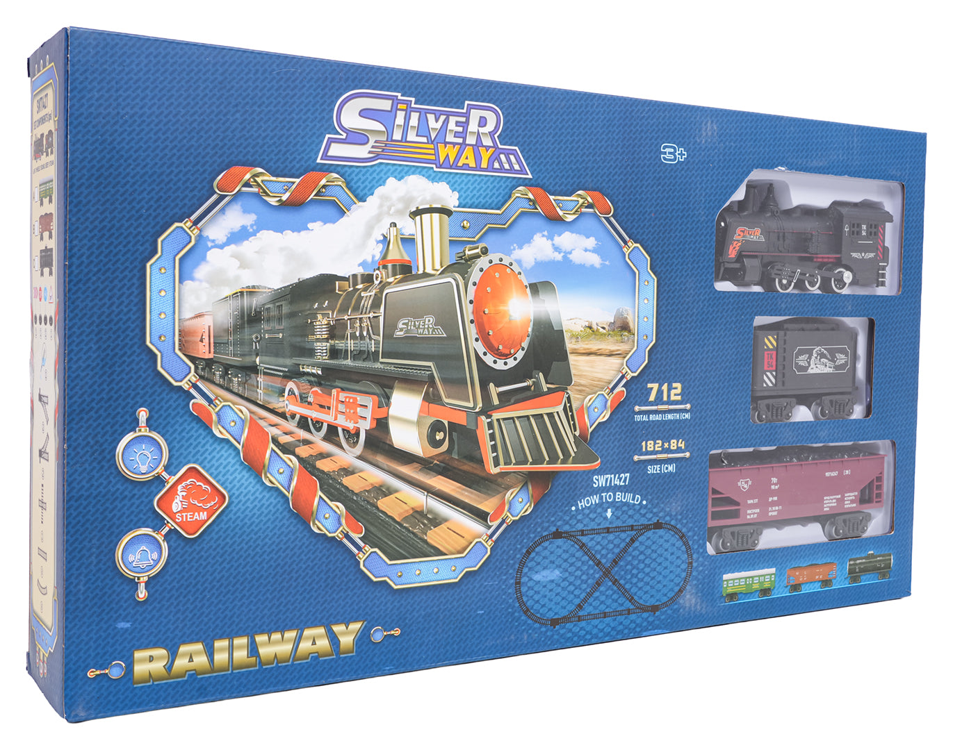 MEGA vilciens ar dūmu, gaismas un skaņas funkcijām