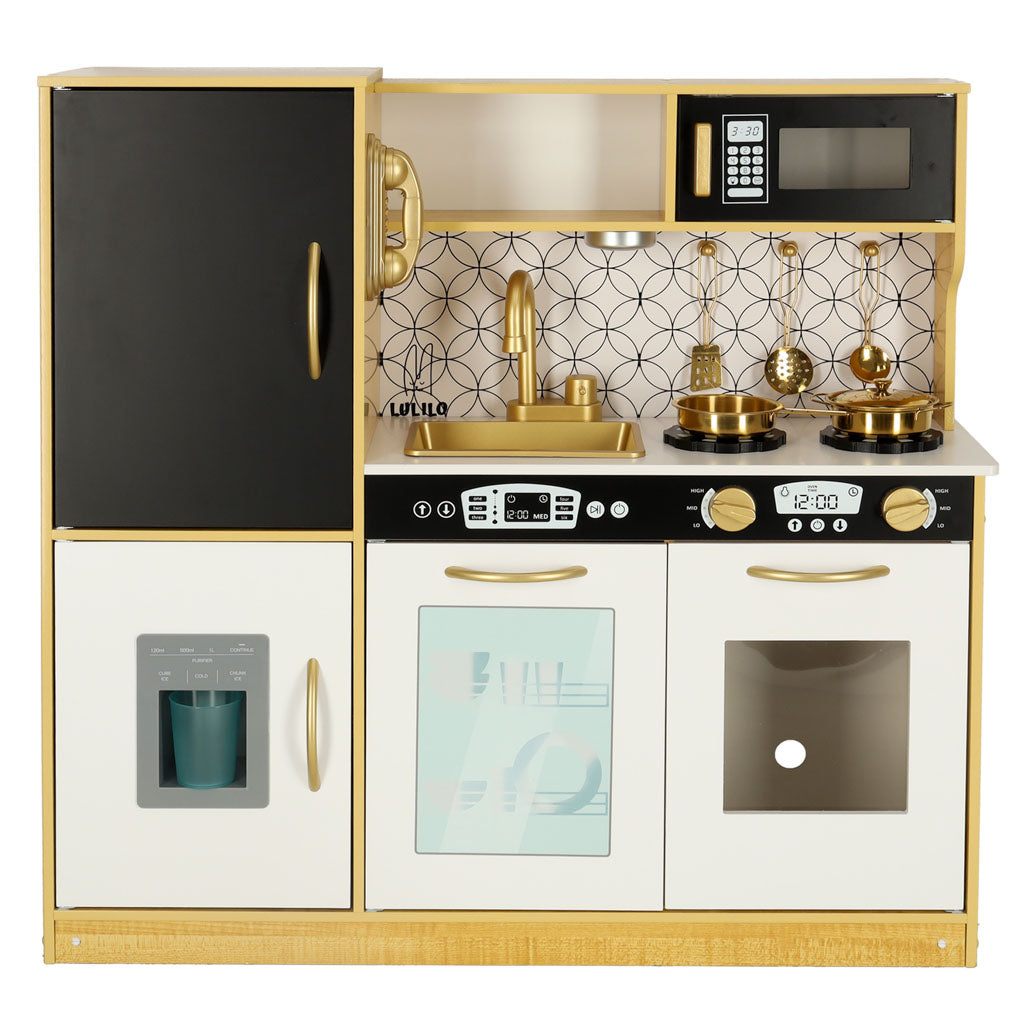 koka bērnu spēļu virtuve melni zelta krāsā ar izlietni, plīts virsmu, cepeškrāsni un virtuves piederumiem – Lulilo rotaļlietu virtuve bērniem