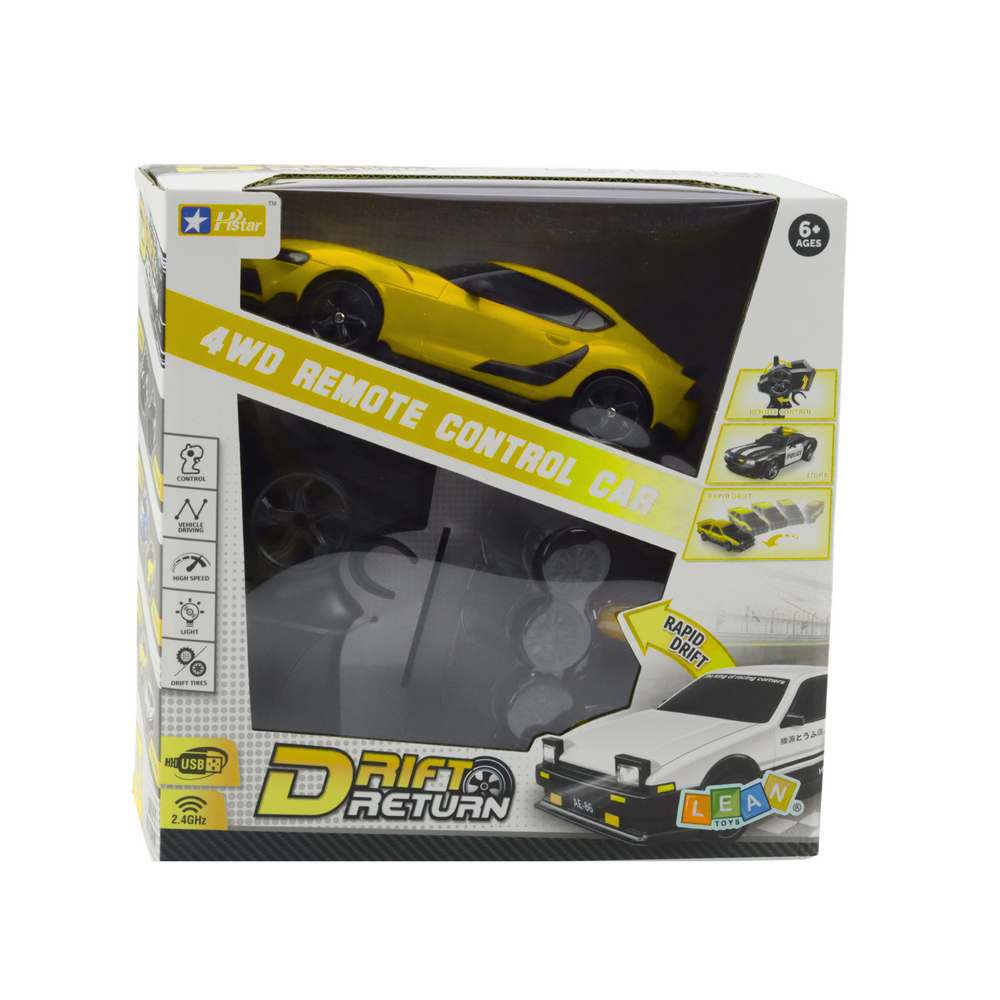 4WD Drifta mašīna ar tālvadības pulti 1:24, dzeltena, ar maināmiem riteņiem