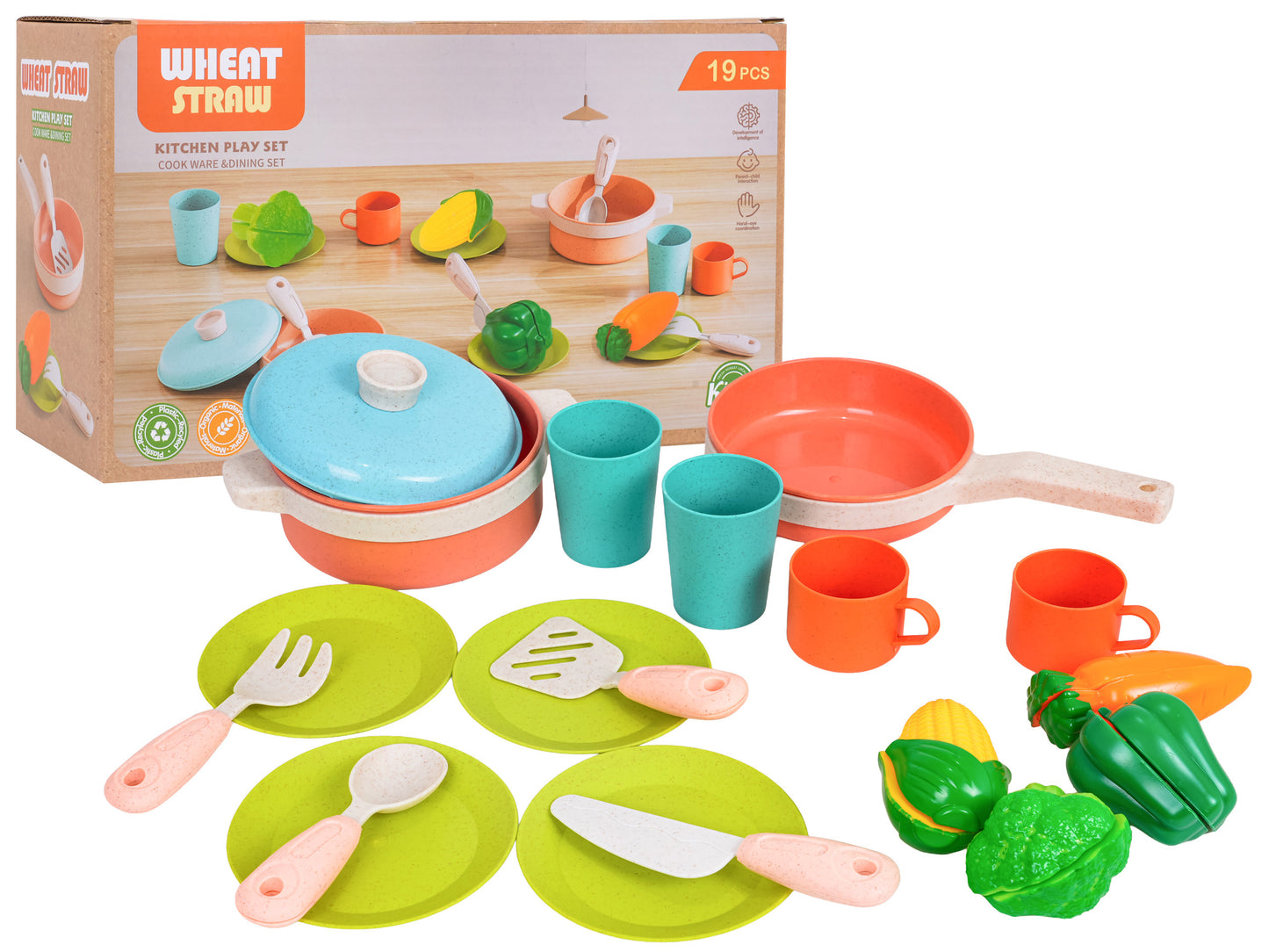 Bērnu EKO virtuves komplekts no bioplastmasas — katls, panna, trauki un rotaļu dārzeņi