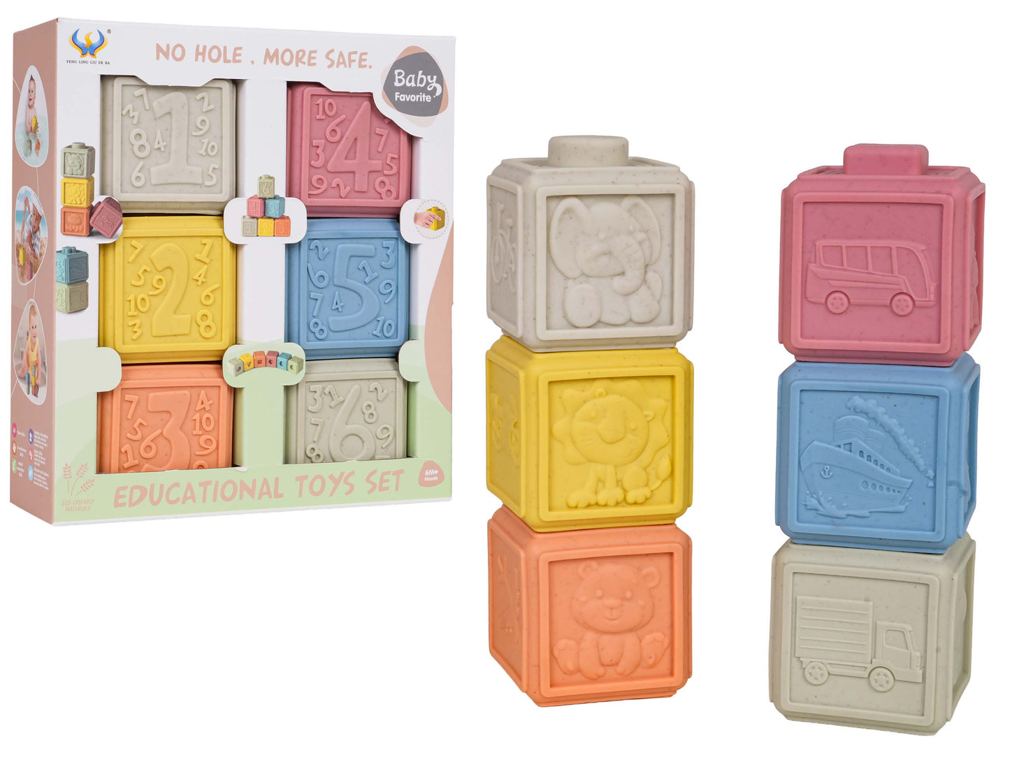 EKO mīkstie sensoriskie kubiņi zīdaiņiem, 6 gab., ar cipariem un reljefa attēliem