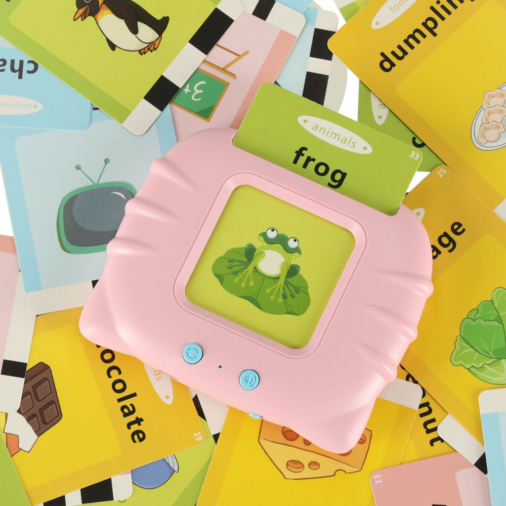 Interaktīvs kartīšu lasītājs bērniem – angļu valodas apguvei (100 divpusējas kartītes)Rozā/zils