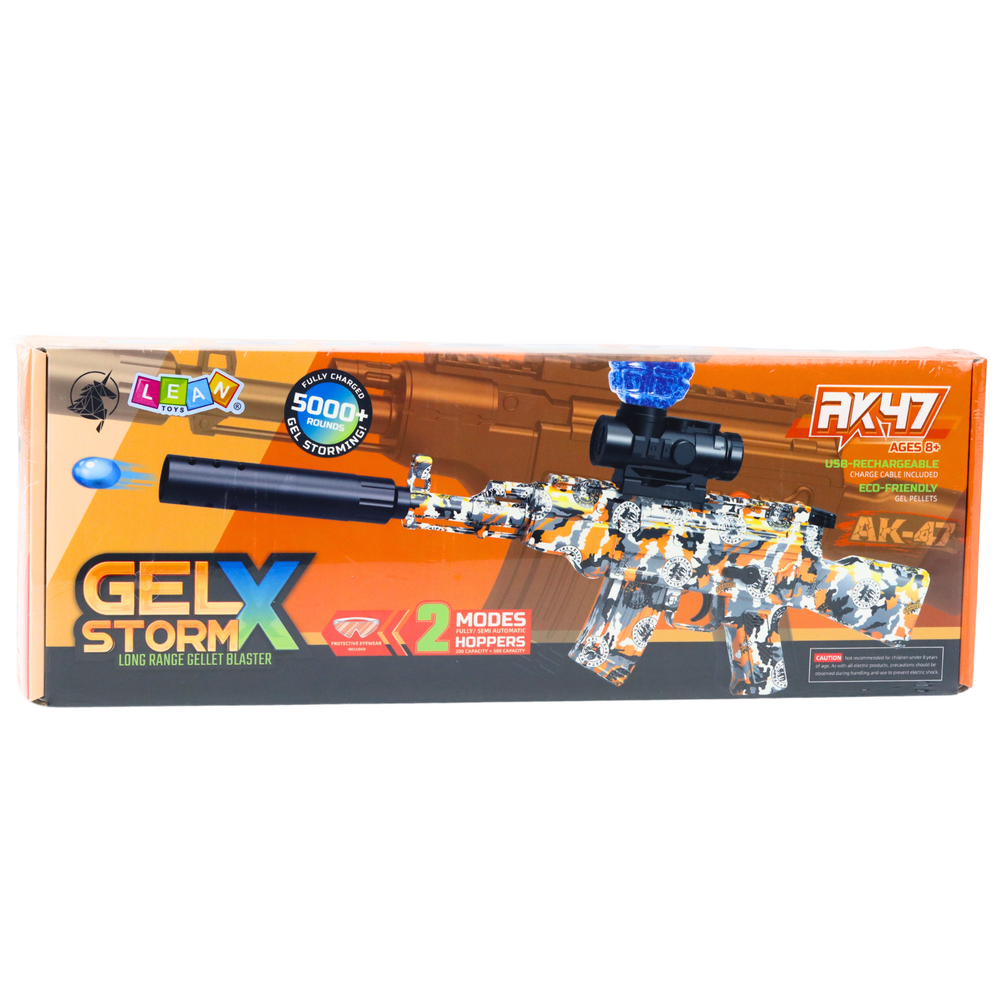 GelX Storm X rotaļu Gel blaster iepakojums ar AK-47 dizainu oranžā krāsa uz balta fona