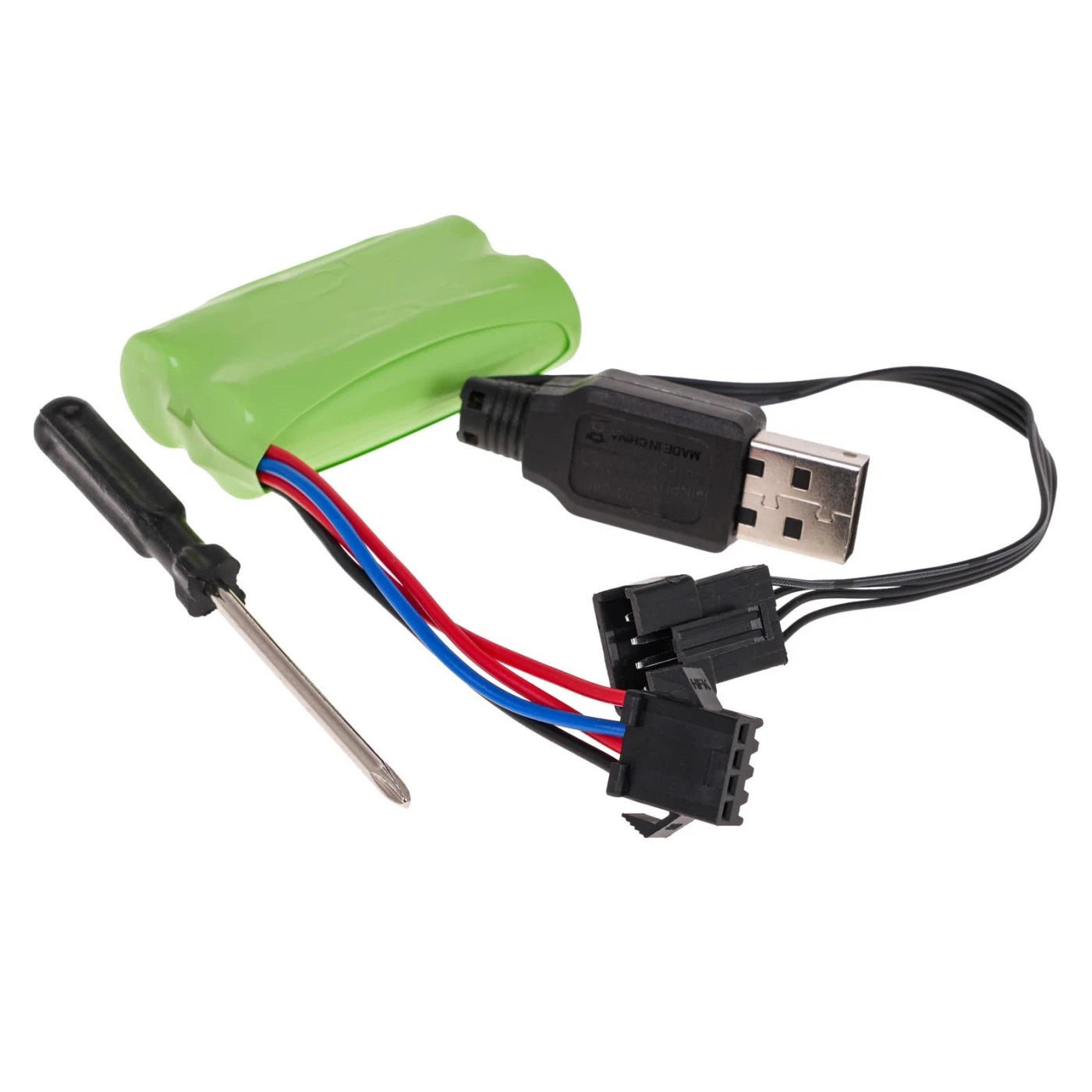 Zaļšs 7.4v akmulators ar USB kabeli un skrūvgriezis uz balta fona
