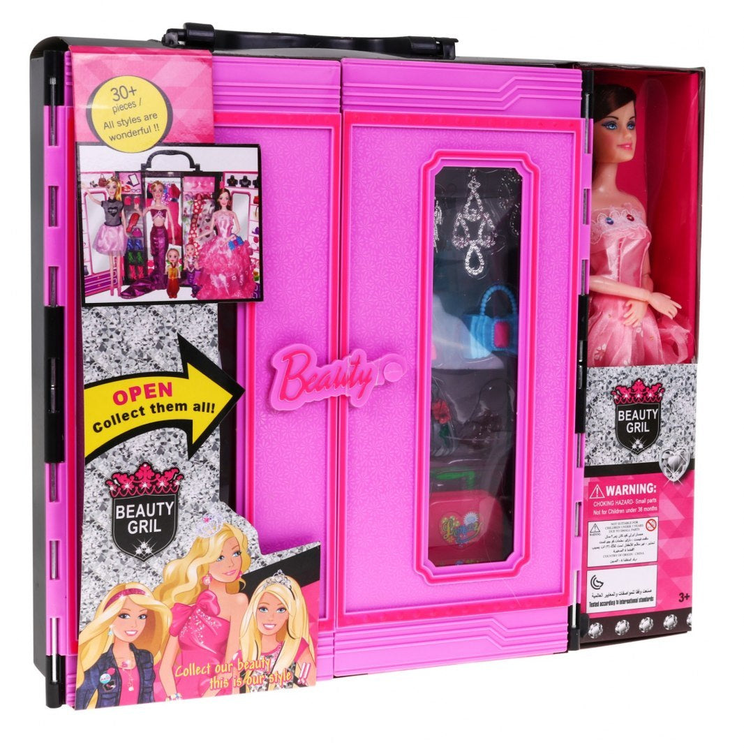 BEAUTY GIRL leļļu drēbju skapis + lelles, drēbes, aksesuāri