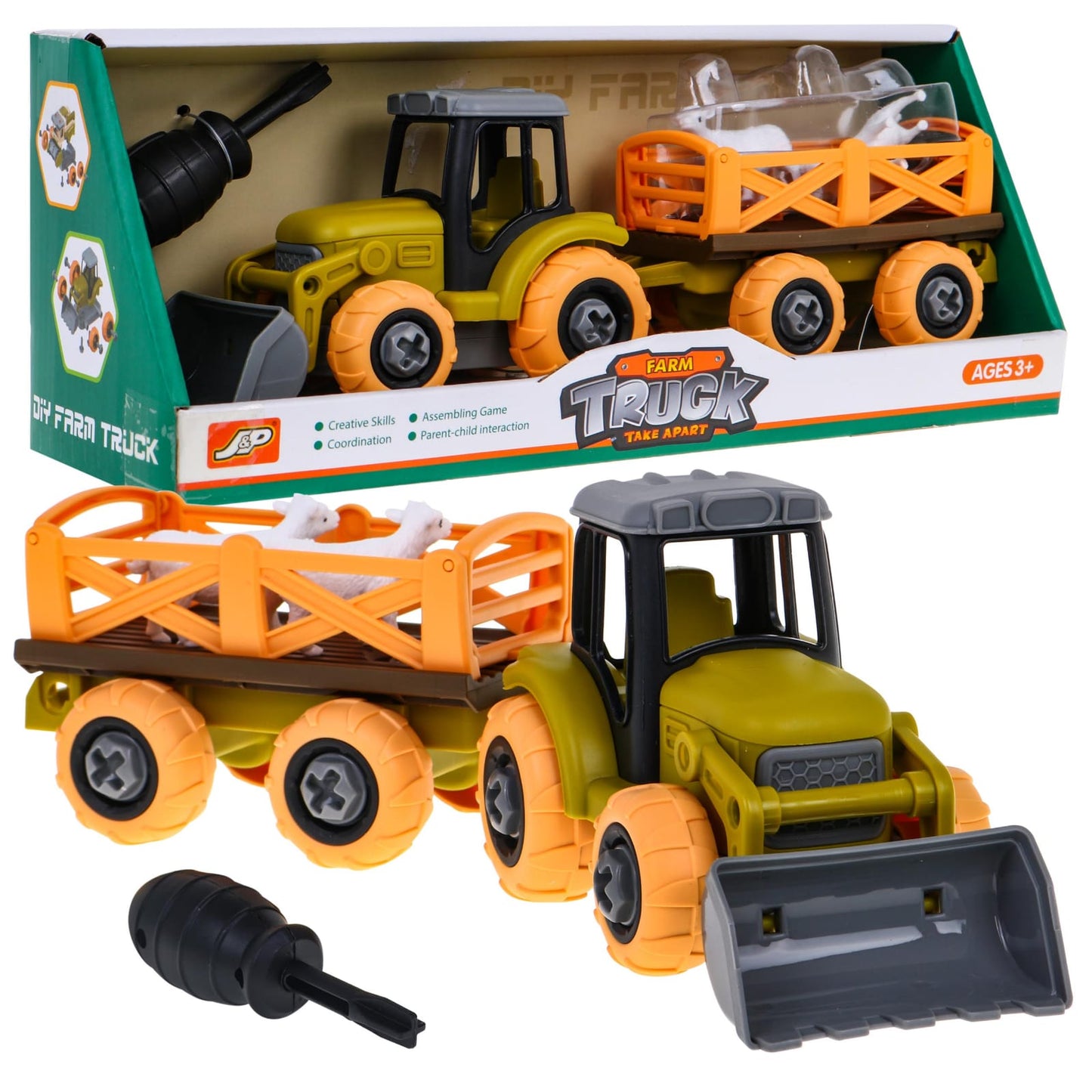 Izjaucams traktors ar kausu, piekabi, skrūvgriezi, 2 aitiņām