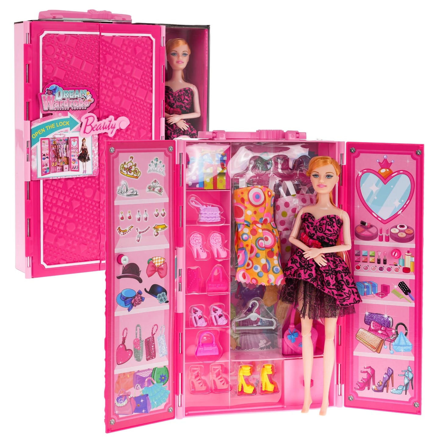 BEAUTY GIRL DREAM WARDROBE leļļu drēbju skapis + lelles, drēbes, aksesuāri