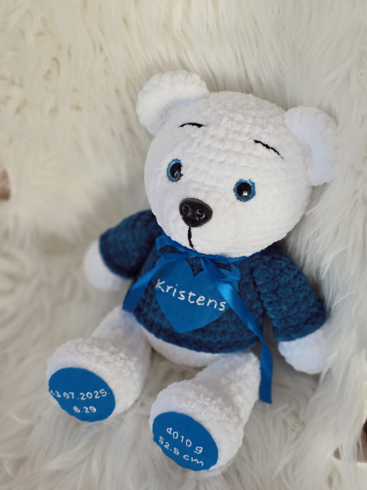 Personalizēts plīša lācis ar dzimšanas datiem (izšuvums uz pēdiņām + vārds uz sirds)