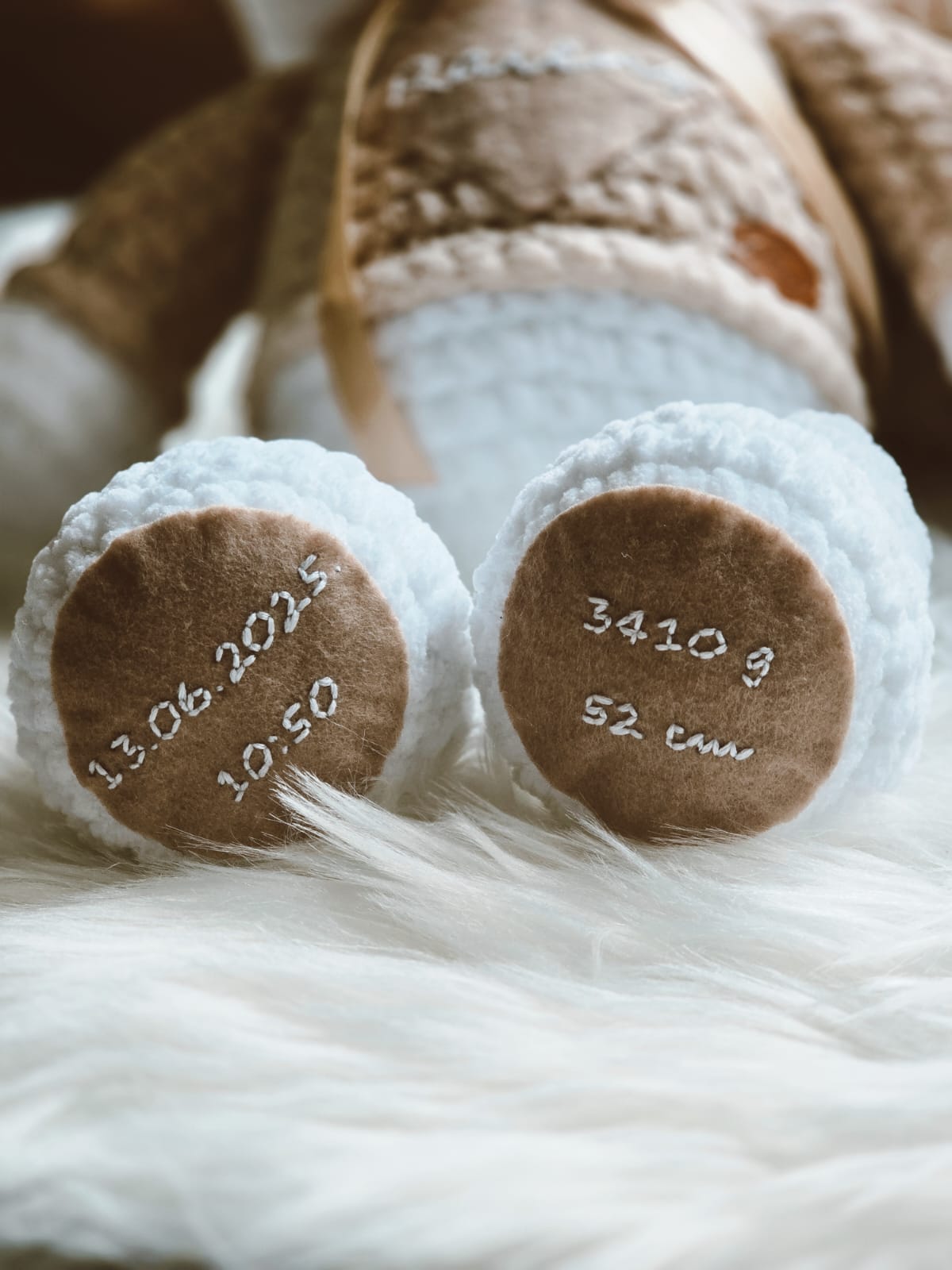 Personalizēts plīša lācis ar dzimšanas datiem (izšuvums uz pēdiņām + vārds uz sirds)