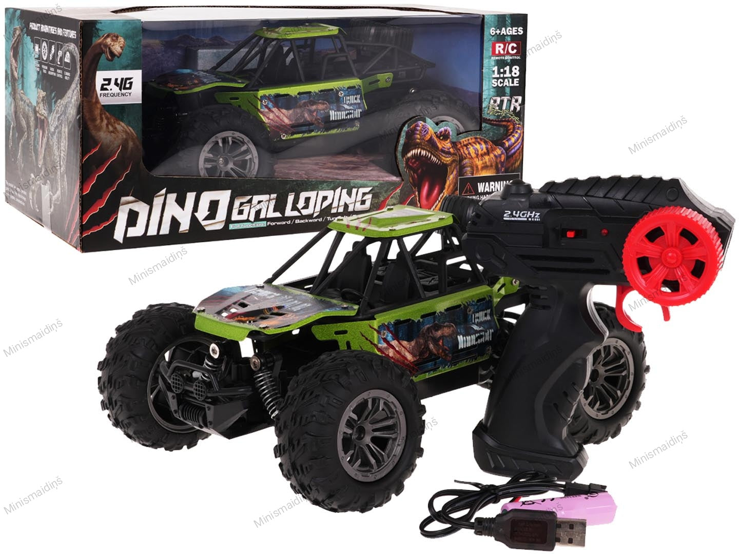 Metāla bezceļu, klinšu kāpējs džips DINO Crawler 1:18 R/C, ar 2,4 GHz tālvadības pulti, zaļš