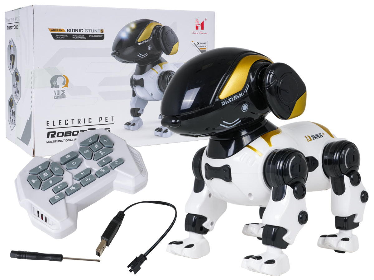 Interaktīvs balts robotsuns ar tālvadības pulti, balss vadību, skaņu un gaismu