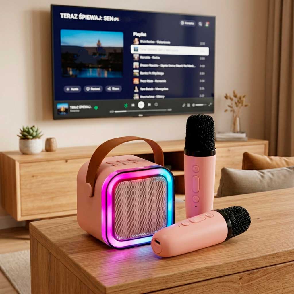 Rozā Bluetooth karaoke skaļrunis ar 2 bezvadu mikrofoniem un RGB gaismām