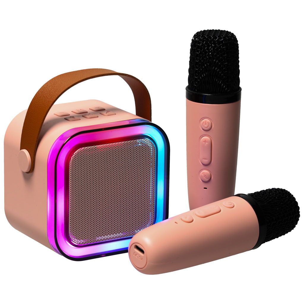 Rozā Bluetooth karaoke skaļrunis ar 2 bezvadu mikrofoniem un RGB gaismām
