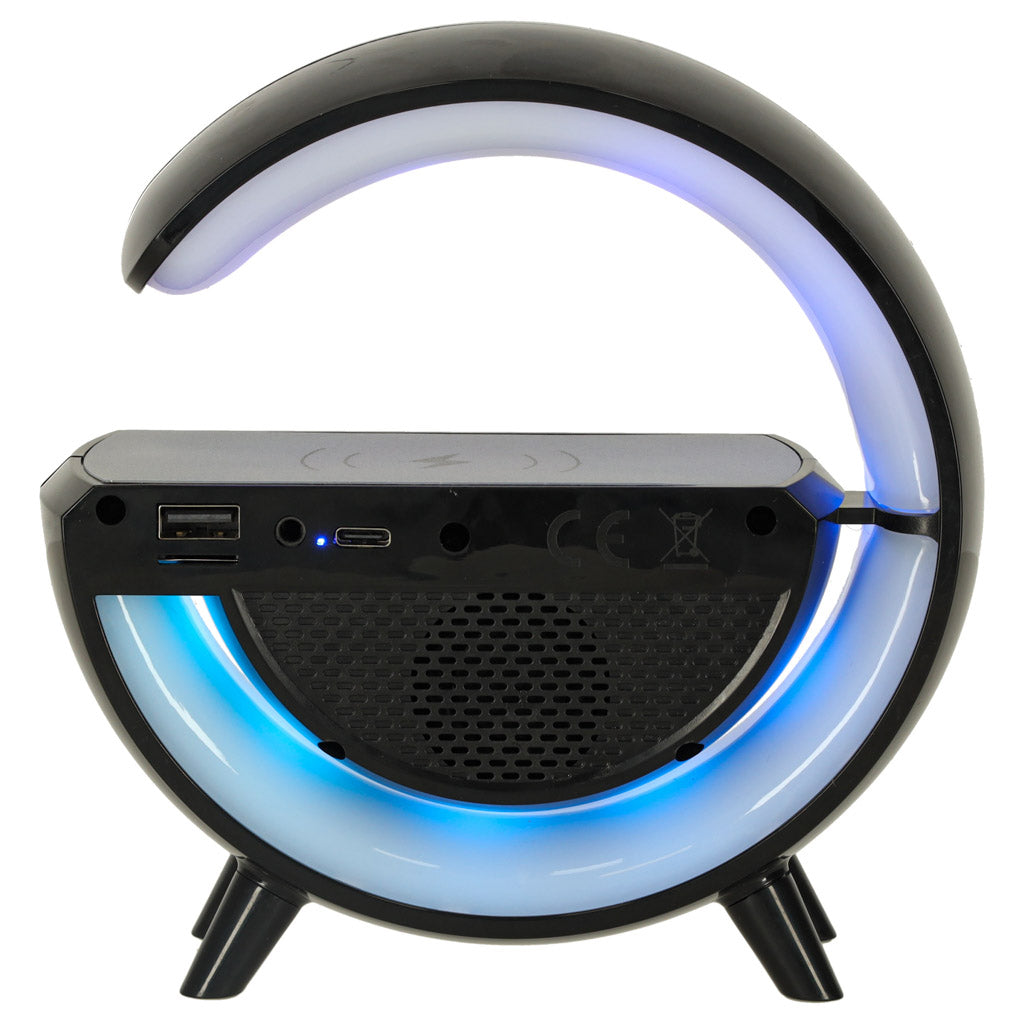 Multifunkcionāla LED lampa ar Bluetooth skaļruni, FM radio un bezvadu lādētāju (melna)