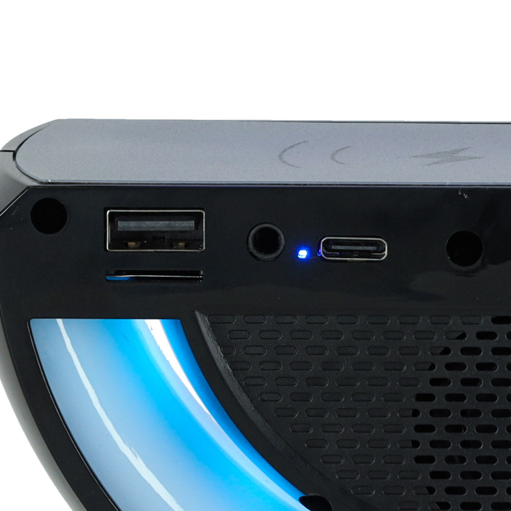 Multifunkcionāla LED lampa ar Bluetooth skaļruni, FM radio un bezvadu lādētāju (melna)